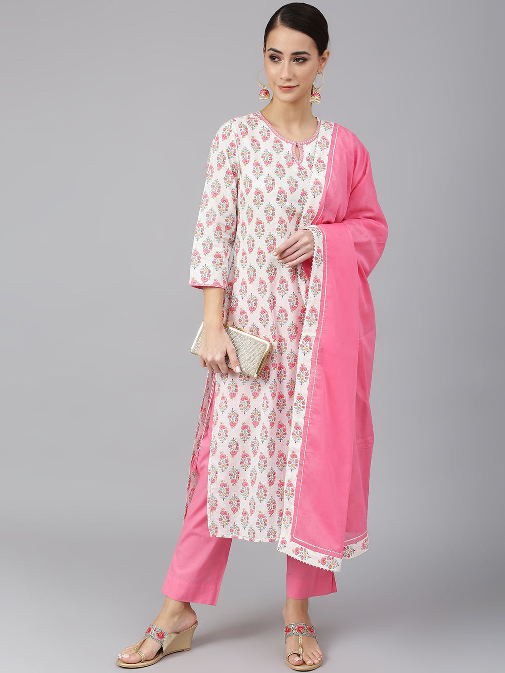 Janasya Women's Off White Cotton Floral Print Kurta With Pant And Dupatta | Grocsy