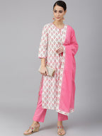 Janasya Women's Off White Cotton Floral Print Kurta With Pant And Dupatta | Grocsy