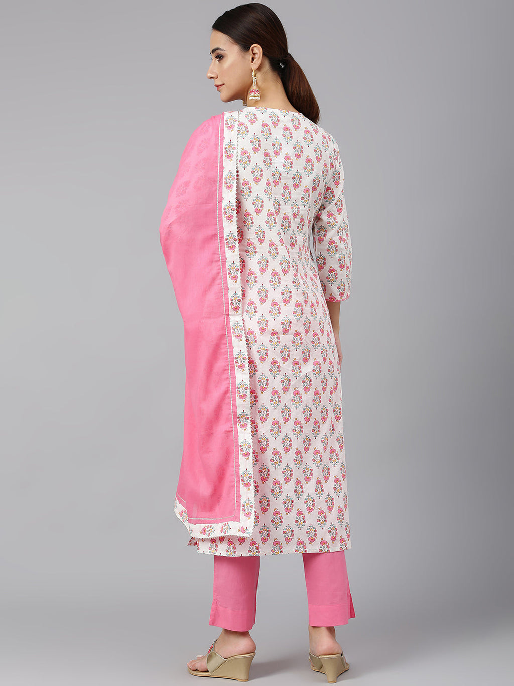 Janasya Women's Off White Cotton Floral Print Kurta With Pant And Dupatta | Grocsy