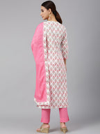 Janasya Women's Off White Cotton Floral Print Kurta With Pant And Dupatta | Grocsy