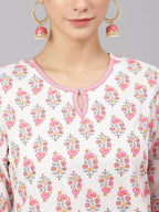 Janasya Women's Off White Cotton Floral Print Kurta With Pant And Dupatta | Grocsy