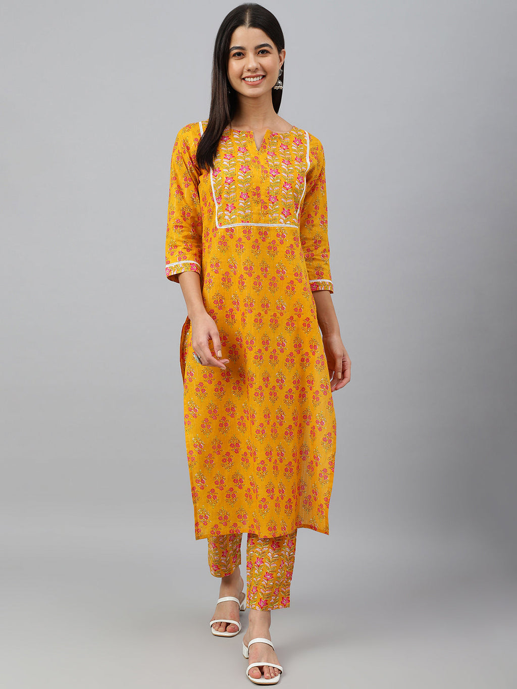 Janasya Women's Mustard Cotton Floral Print Kurta With Pant | Grocsy