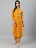 Janasya Women's Mustard Cotton Floral Print Kurta With Pant | Grocsy