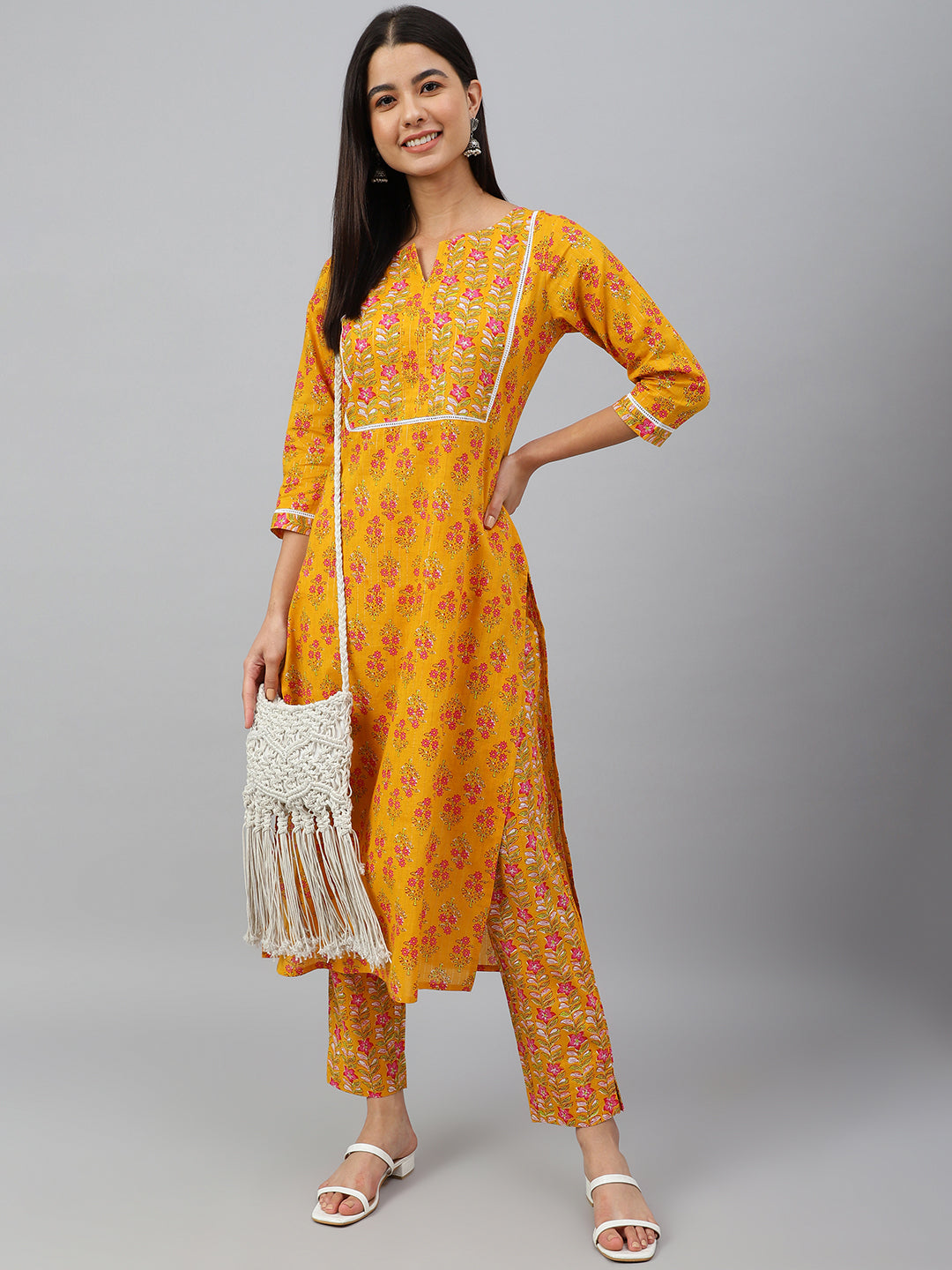 Janasya Women's Mustard Cotton Floral Print Kurta With Pant | Grocsy