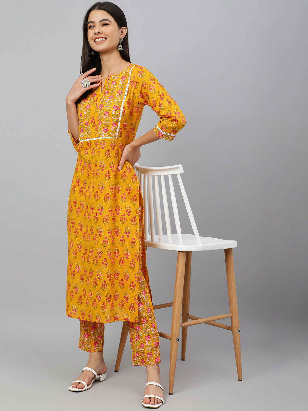 Janasya Women's Mustard Cotton Floral Print Kurta With Pant | Grocsy