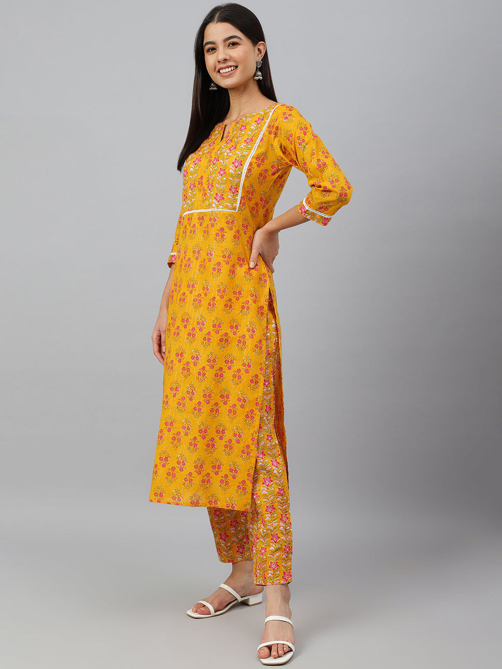 Janasya Women's Mustard Cotton Floral Print Kurta With Pant | Grocsy