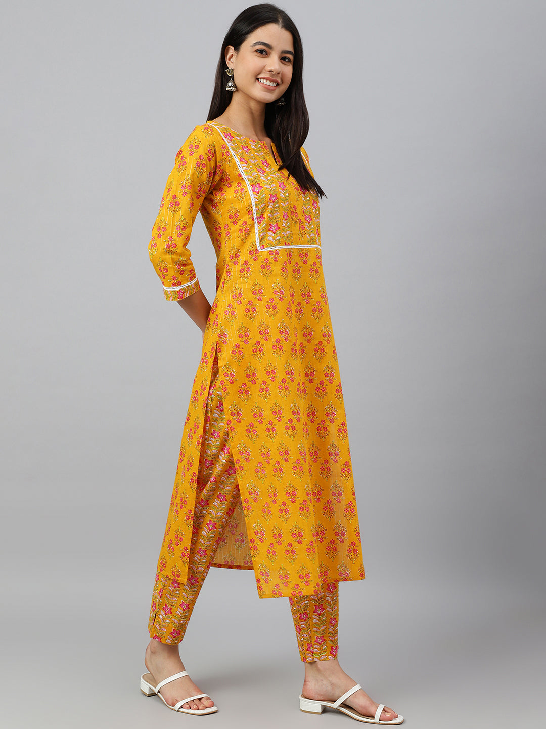 Janasya Women's Mustard Cotton Floral Print Kurta With Pant | Grocsy