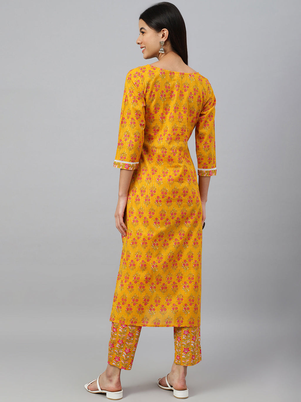 Janasya Women's Mustard Cotton Floral Print Kurta With Pant | Grocsy