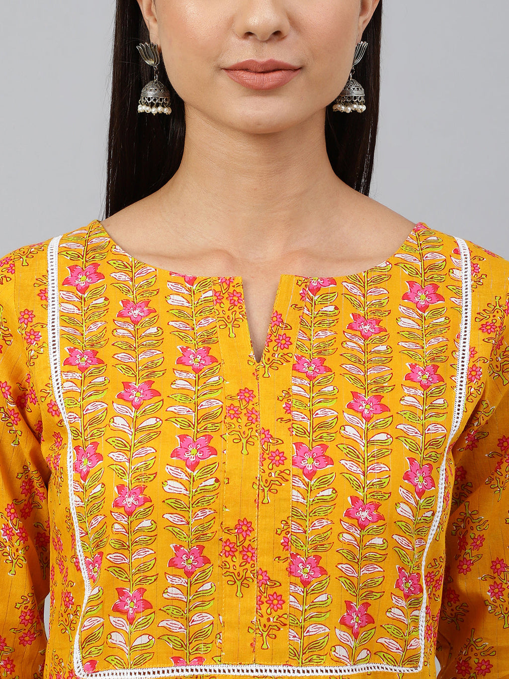 Janasya Women's Mustard Cotton Floral Print Kurta With Pant | Grocsy