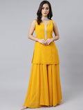 Janasya Women's Mustard Georgette Solid Kurta With Kali Palazzo And Dupatta | Grocsy