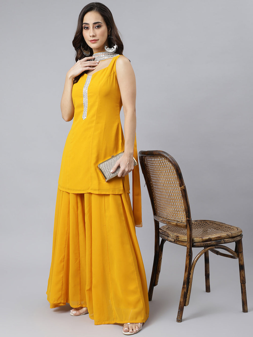 Janasya Women's Mustard Georgette Solid Kurta With Kali Palazzo And Dupatta | Grocsy