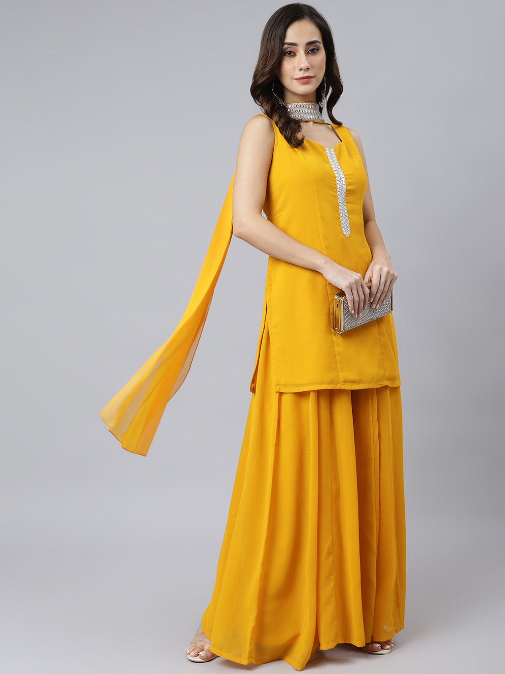 Janasya Women's Mustard Georgette Solid Kurta With Kali Palazzo And Dupatta | Grocsy