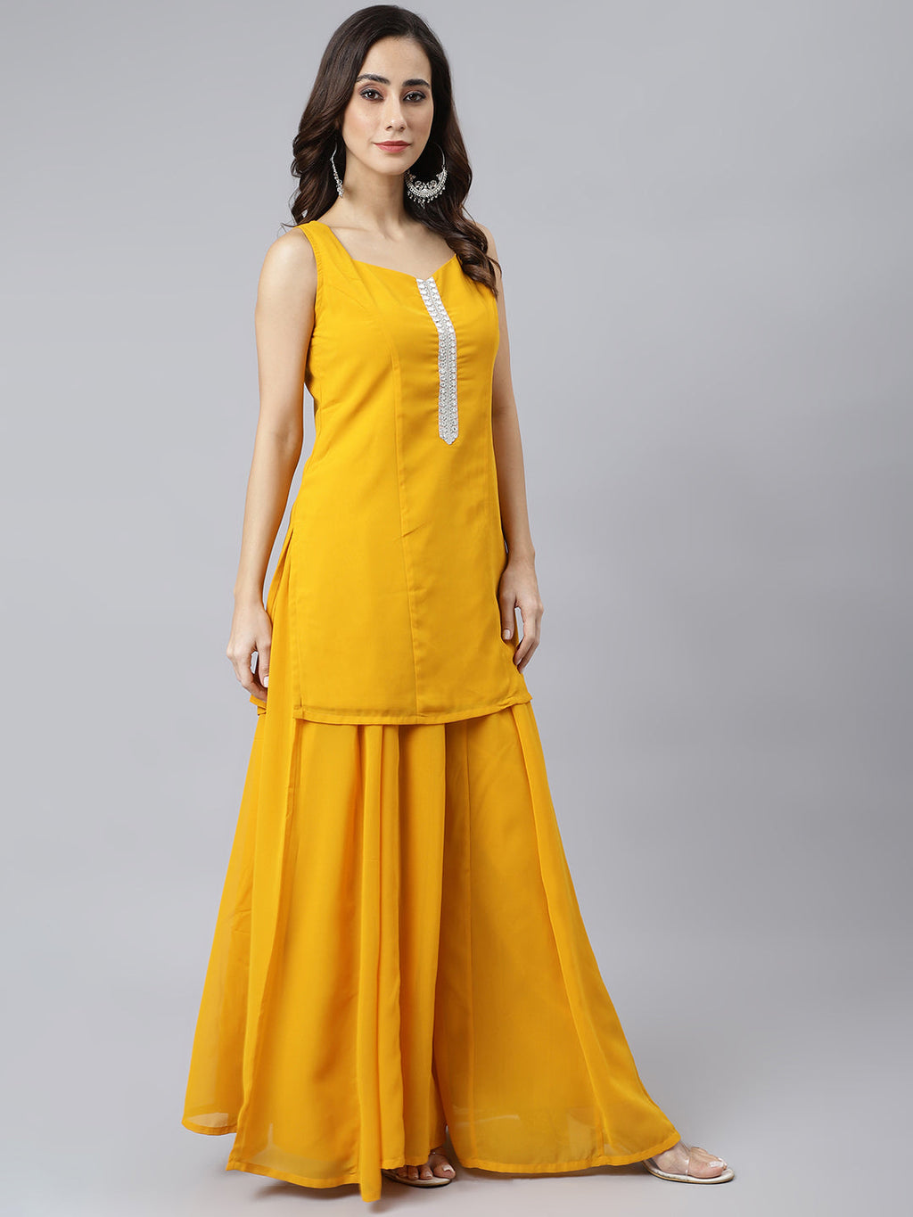 Janasya Women's Mustard Georgette Solid Kurta With Kali Palazzo And Dupatta | Grocsy