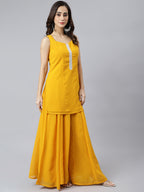 Janasya Women's Mustard Georgette Solid Kurta With Kali Palazzo And Dupatta | Grocsy