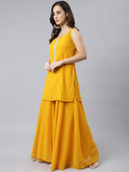 Janasya Women's Mustard Georgette Solid Kurta With Kali Palazzo And Dupatta | Grocsy