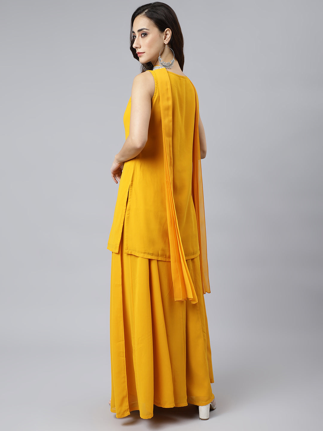 Janasya Women's Mustard Georgette Solid Kurta With Kali Palazzo And Dupatta | Grocsy