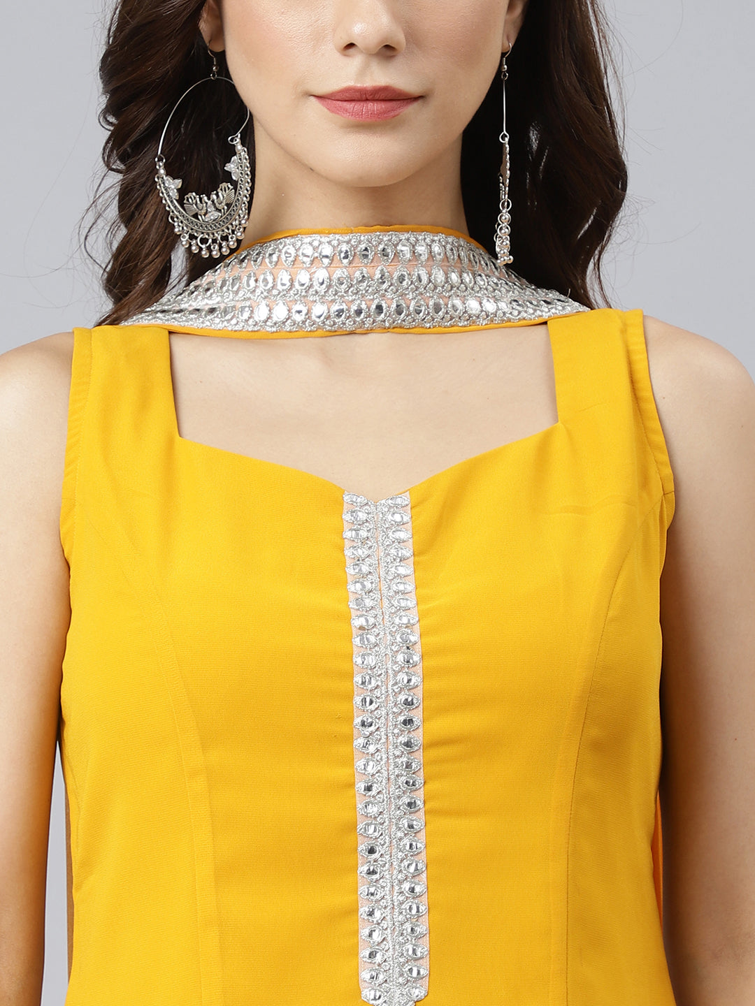 Janasya Women's Mustard Georgette Solid Kurta With Kali Palazzo And Dupatta | Grocsy