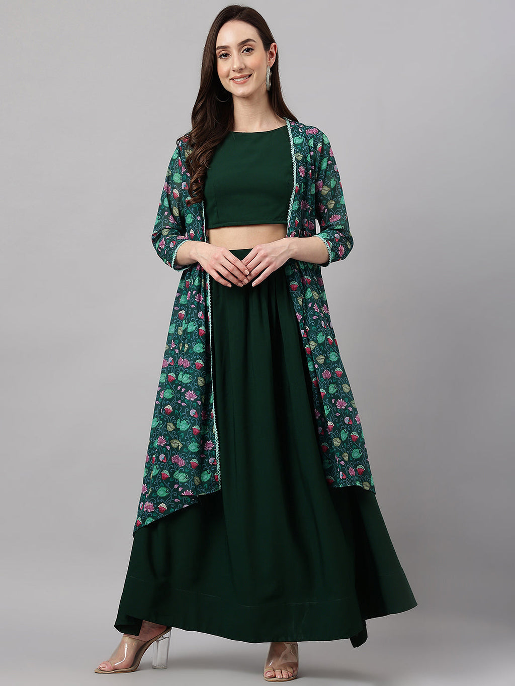 Janasya Women's Green Crepe Solid Crop Top With Skirt And Jacket | Grocsy