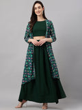 Janasya Women's Green Crepe Solid Crop Top With Skirt And Jacket | Grocsy