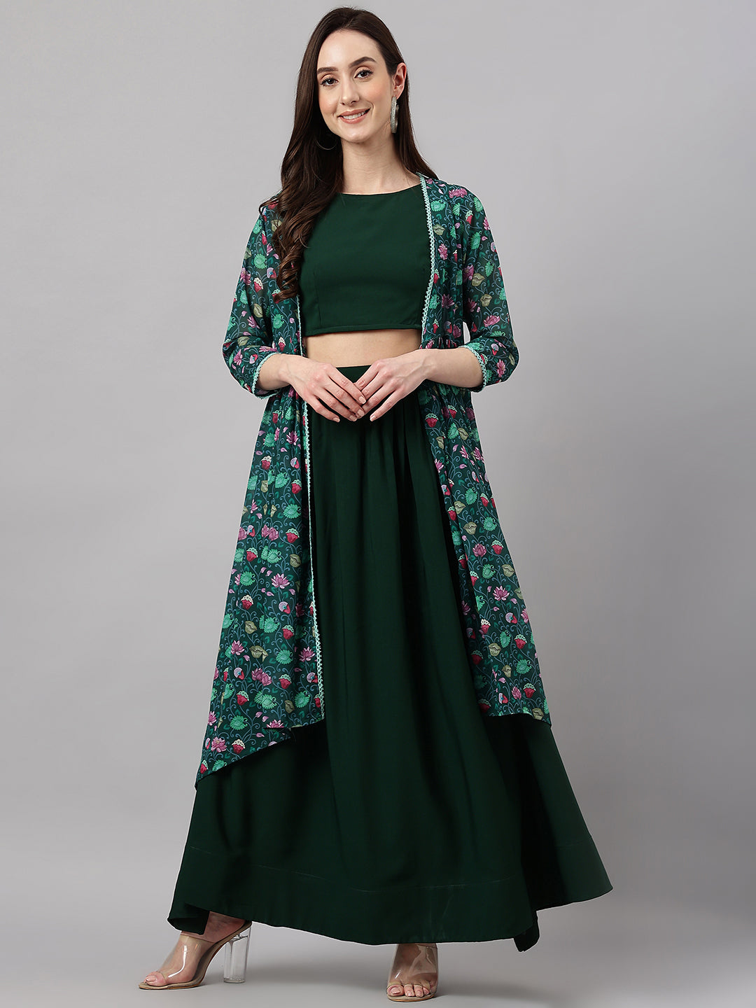 Janasya Women's Green Crepe Solid Crop Top With Skirt And Jacket | Grocsy