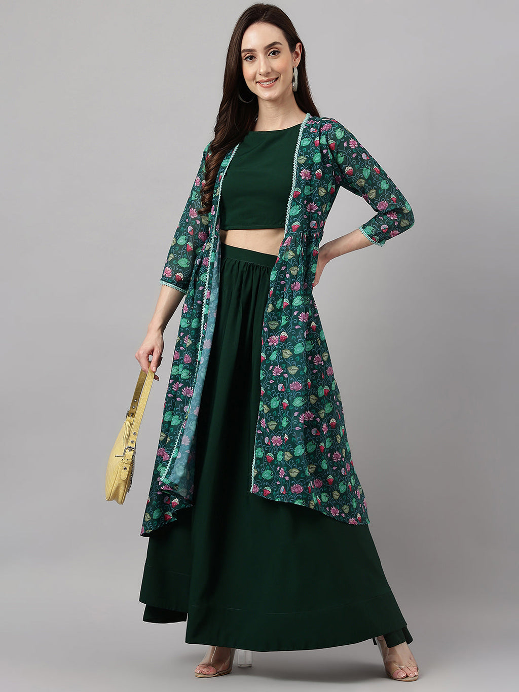 Janasya Women's Green Crepe Solid Crop Top With Skirt And Jacket | Grocsy