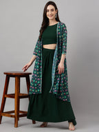 Janasya Women's Green Crepe Solid Crop Top With Skirt And Jacket | Grocsy