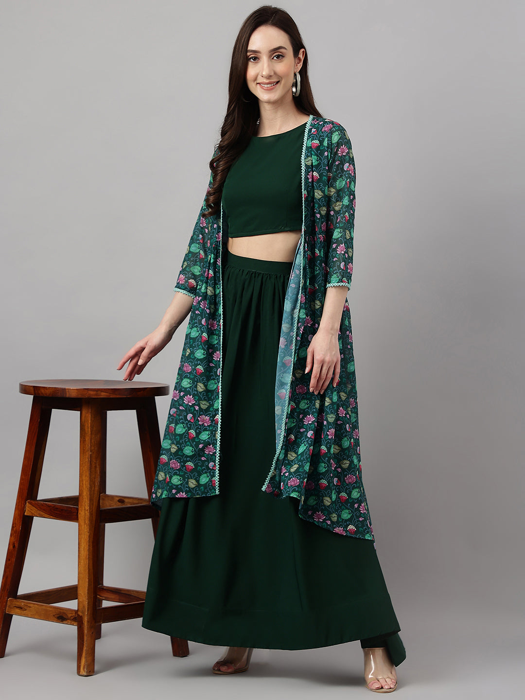 Janasya Women's Green Crepe Solid Crop Top With Skirt And Jacket | Grocsy