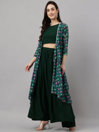Janasya Women's Green Crepe Solid Crop Top With Skirt And Jacket | Grocsy