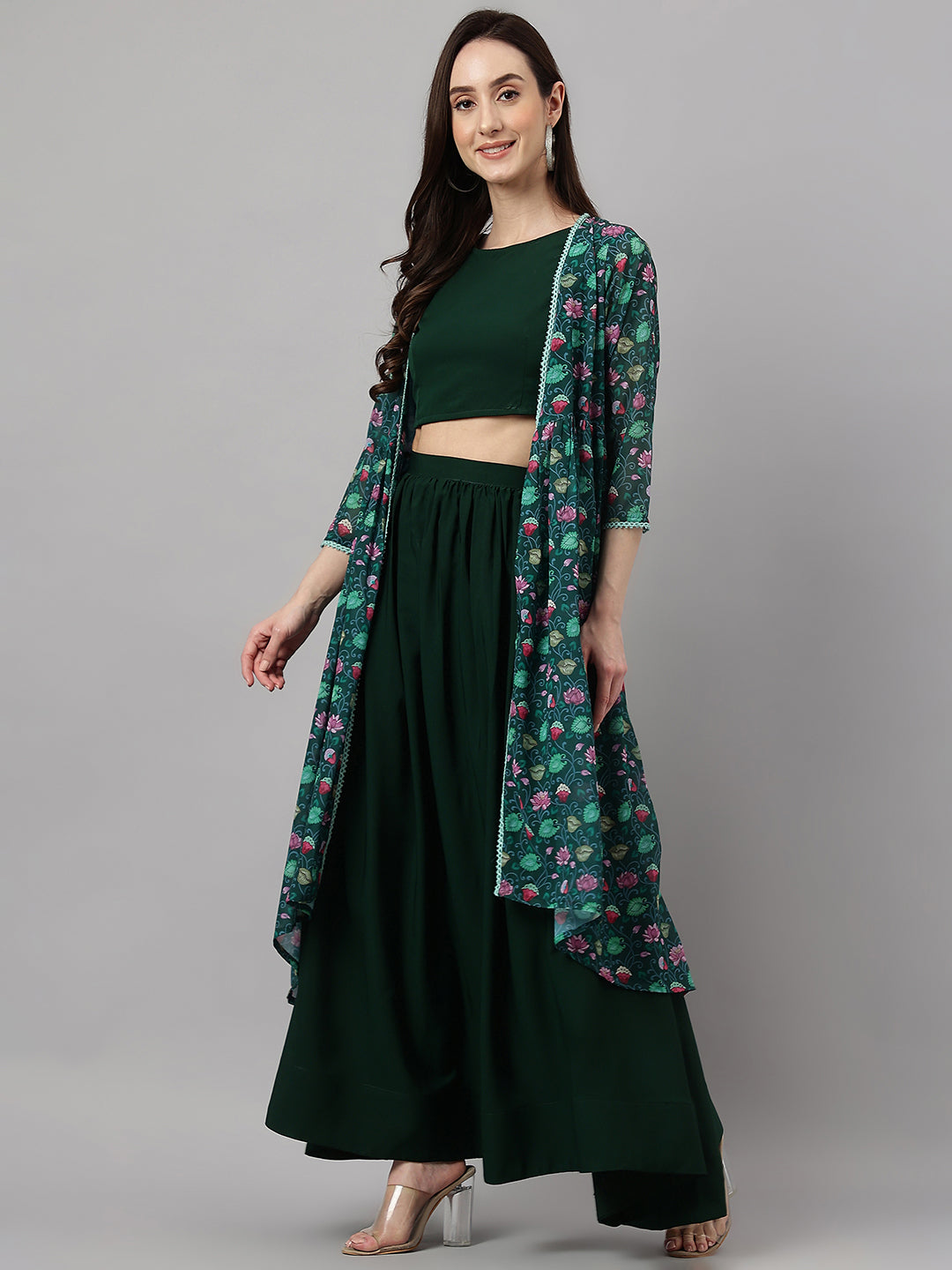 Janasya Women's Green Crepe Solid Crop Top With Skirt And Jacket | Grocsy