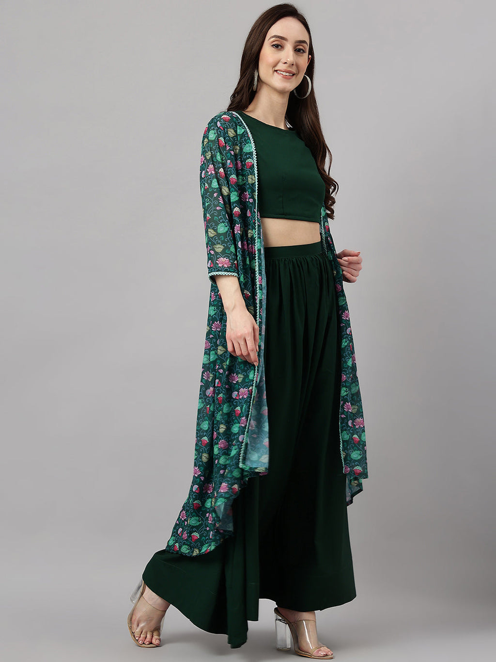 Janasya Women's Green Crepe Solid Crop Top With Skirt And Jacket | Grocsy