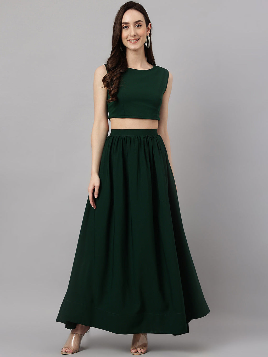Janasya Women's Green Crepe Solid Crop Top With Skirt And Jacket | Grocsy