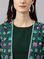Janasya Women's Green Crepe Solid Crop Top With Skirt And Jacket | Grocsy