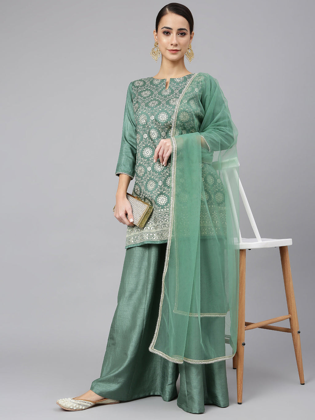 Janasya Women's Mint Green Chinon Foil Print Kurta With Flared Palazzo And Dupatta | Grocsy