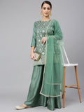 Janasya Women's Mint Green Chinon Foil Print Kurta With Flared Palazzo And Dupatta | Grocsy