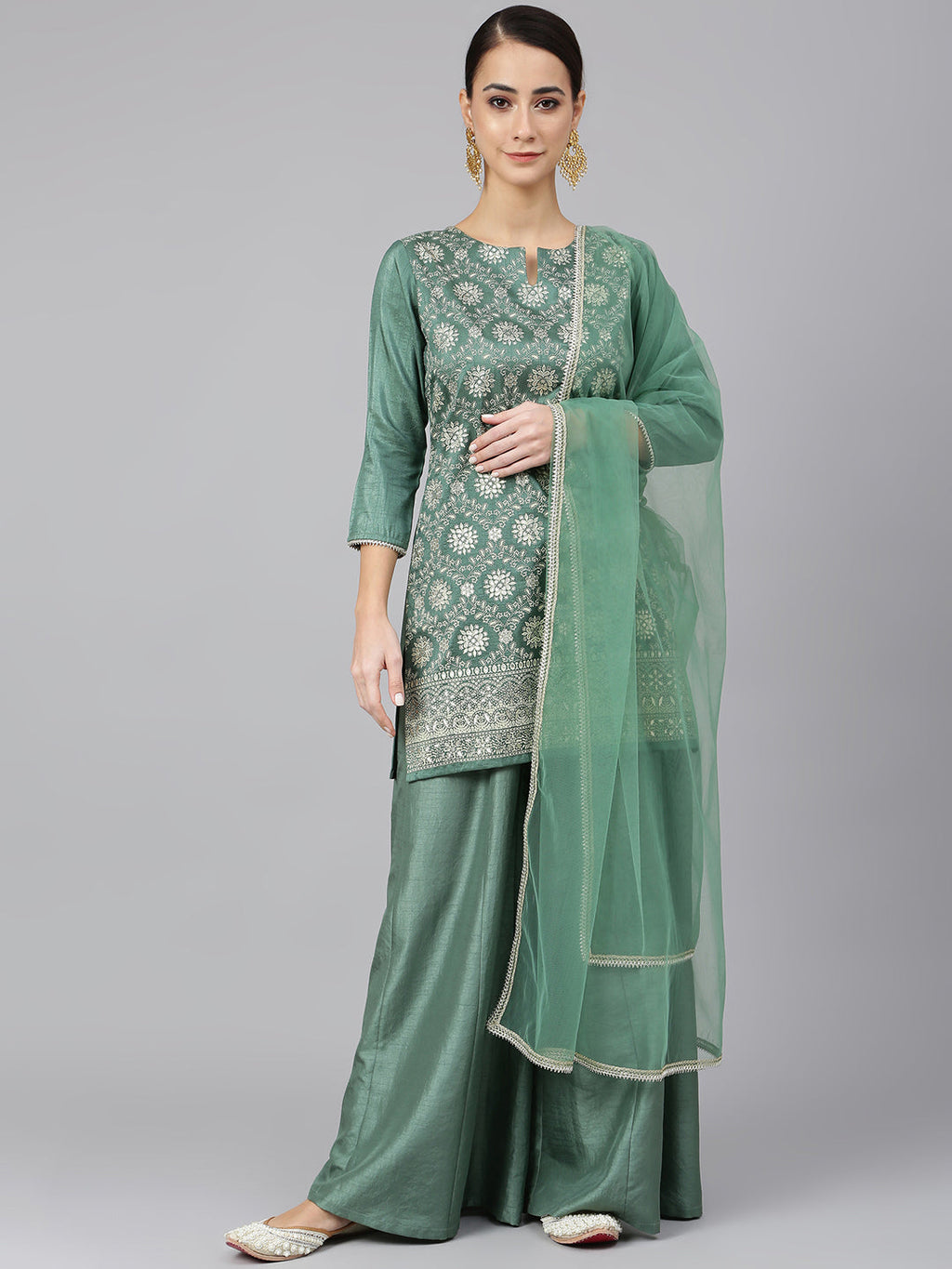 Janasya Women's Mint Green Chinon Foil Print Kurta With Flared Palazzo And Dupatta | Grocsy