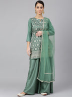 Janasya Women's Mint Green Chinon Foil Print Kurta With Flared Palazzo And Dupatta | Grocsy