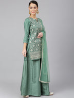 Janasya Women's Mint Green Chinon Foil Print Kurta With Flared Palazzo And Dupatta | Grocsy