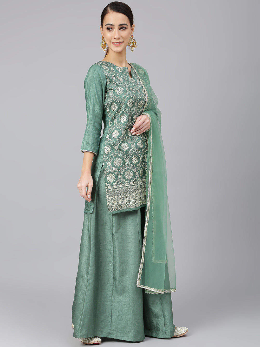 Janasya Women's Mint Green Chinon Foil Print Kurta With Flared Palazzo And Dupatta | Grocsy