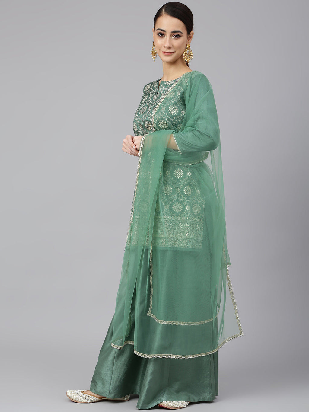 Janasya Women's Mint Green Chinon Foil Print Kurta With Flared Palazzo And Dupatta | Grocsy