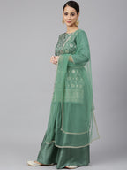 Janasya Women's Mint Green Chinon Foil Print Kurta With Flared Palazzo And Dupatta | Grocsy
