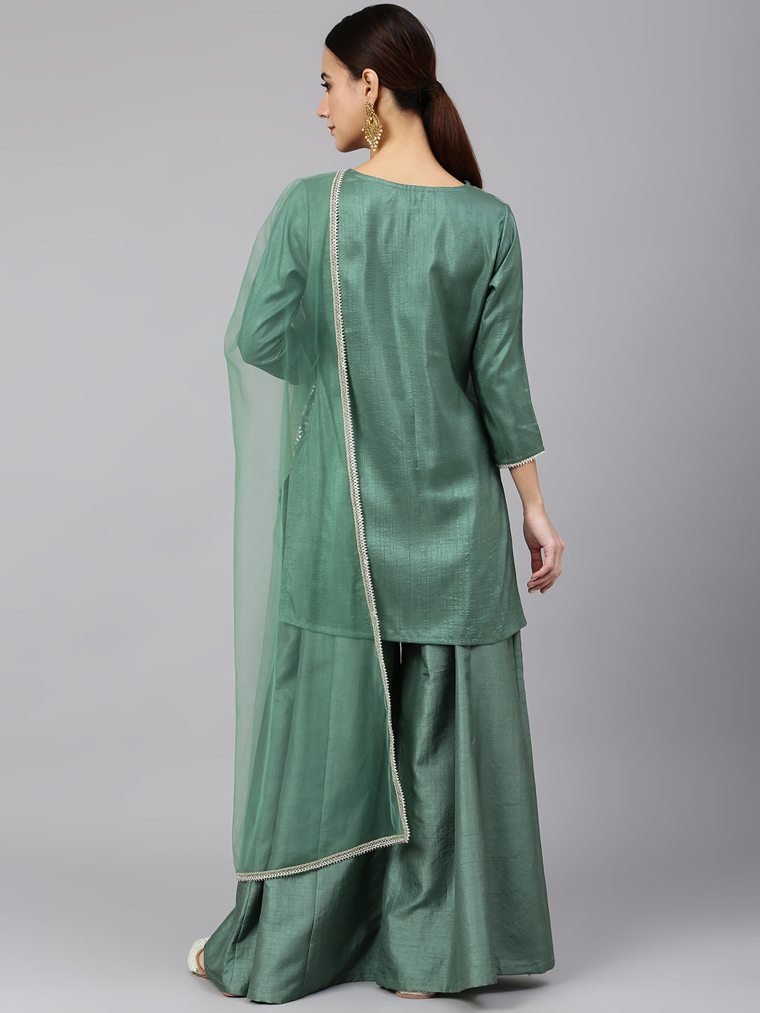 Janasya Women's Mint Green Chinon Foil Print Kurta With Flared Palazzo And Dupatta | Grocsy
