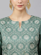 Janasya Women's Mint Green Chinon Foil Print Kurta With Flared Palazzo And Dupatta | Grocsy