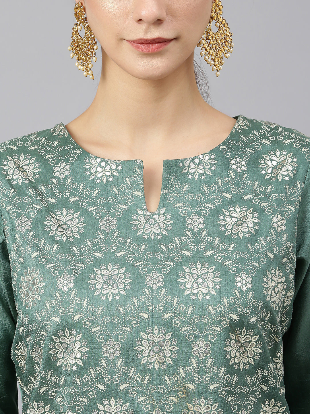 Janasya Women's Mint Green Chinon Foil Print Kurta With Flared Palazzo And Dupatta | Grocsy