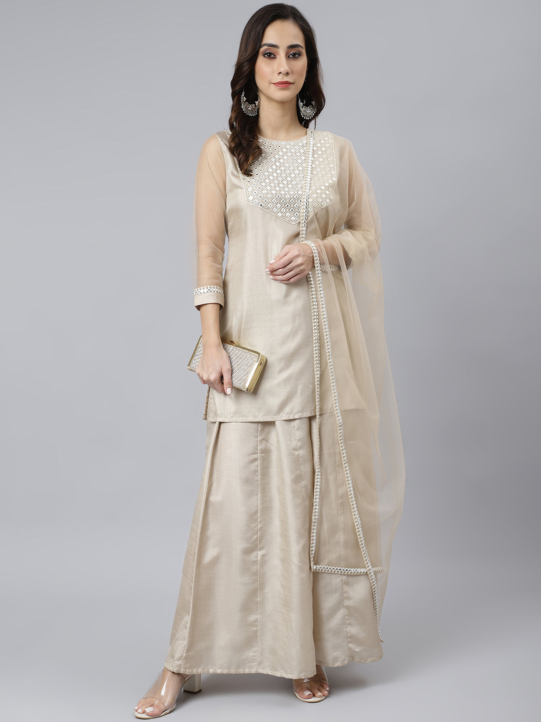 Janasya Women's Beige Chinon Embellished Kurta With Kali Palazzo And Dupatta | Grocsy