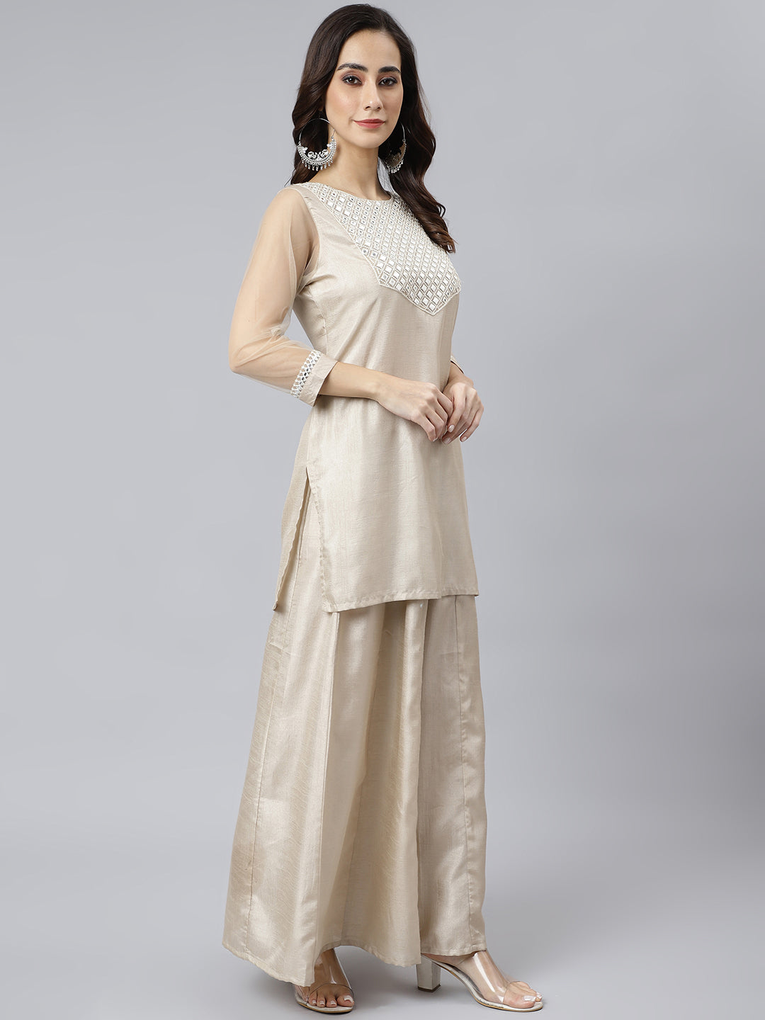 Janasya Women's Beige Chinon Embellished Kurta With Kali Palazzo And Dupatta | Grocsy