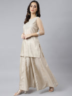 Janasya Women's Beige Chinon Embellished Kurta With Kali Palazzo And Dupatta | Grocsy