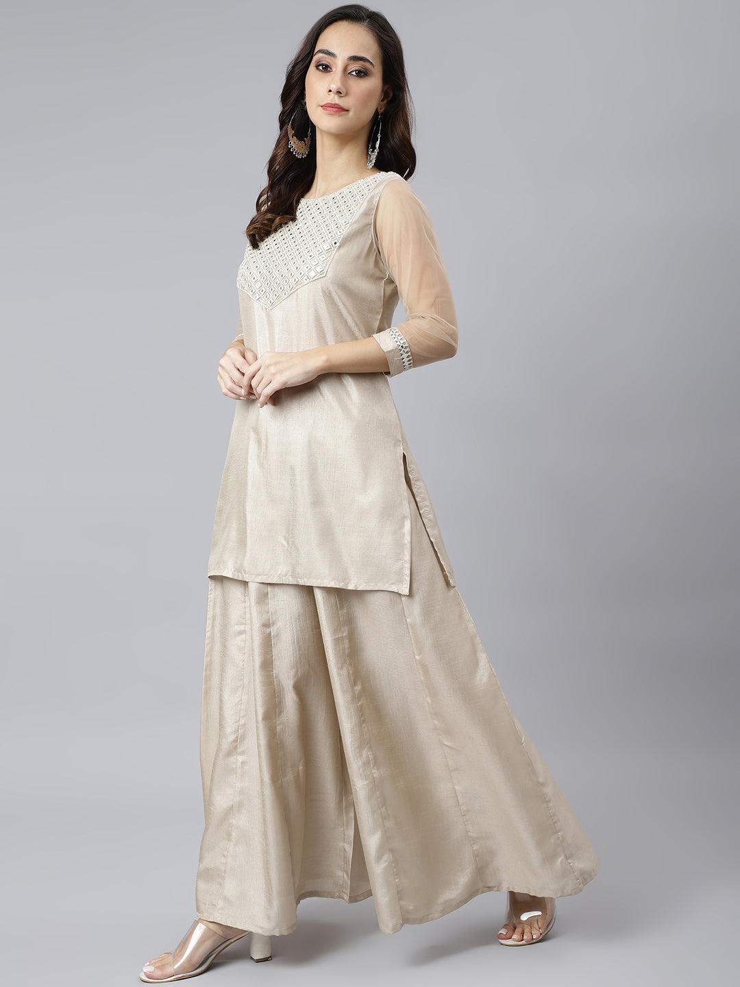 Janasya Women's Beige Chinon Embellished Kurta With Kali Palazzo And Dupatta | Grocsy