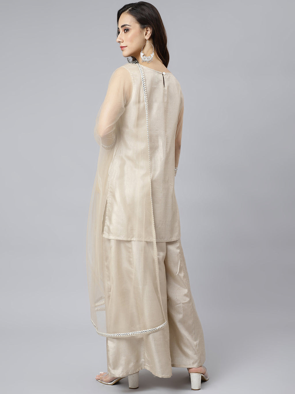 Janasya Women's Beige Chinon Embellished Kurta With Kali Palazzo And Dupatta | Grocsy