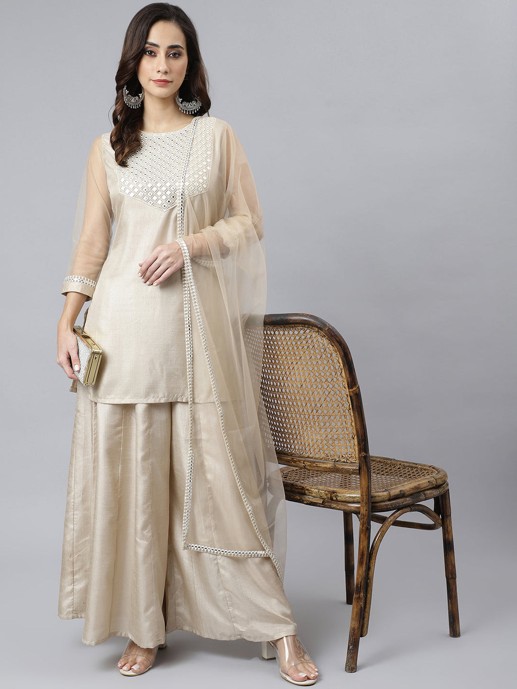 Janasya Women's Beige Chinon Embellished Kurta With Kali Palazzo And Dupatta | Grocsy