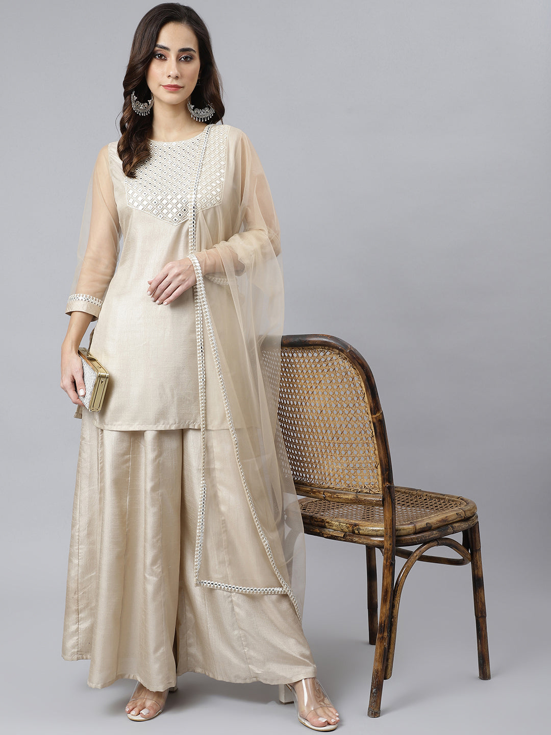Janasya Women's Beige Chinon Embellished Kurta With Kali Palazzo And Dupatta | Grocsy